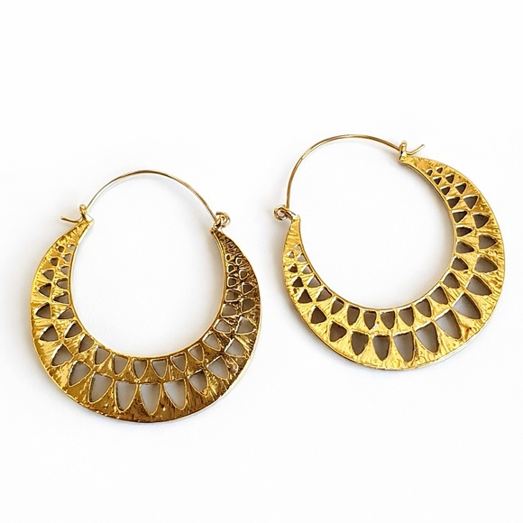 Jewelry - Gold Crescent Hoop Earrings – Textured Cutout Design